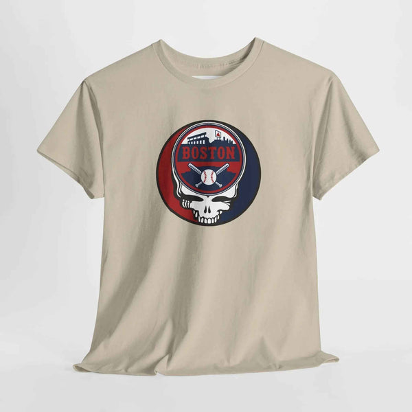 Beige T-shirt with circular Boston logo skull and baseball graphic