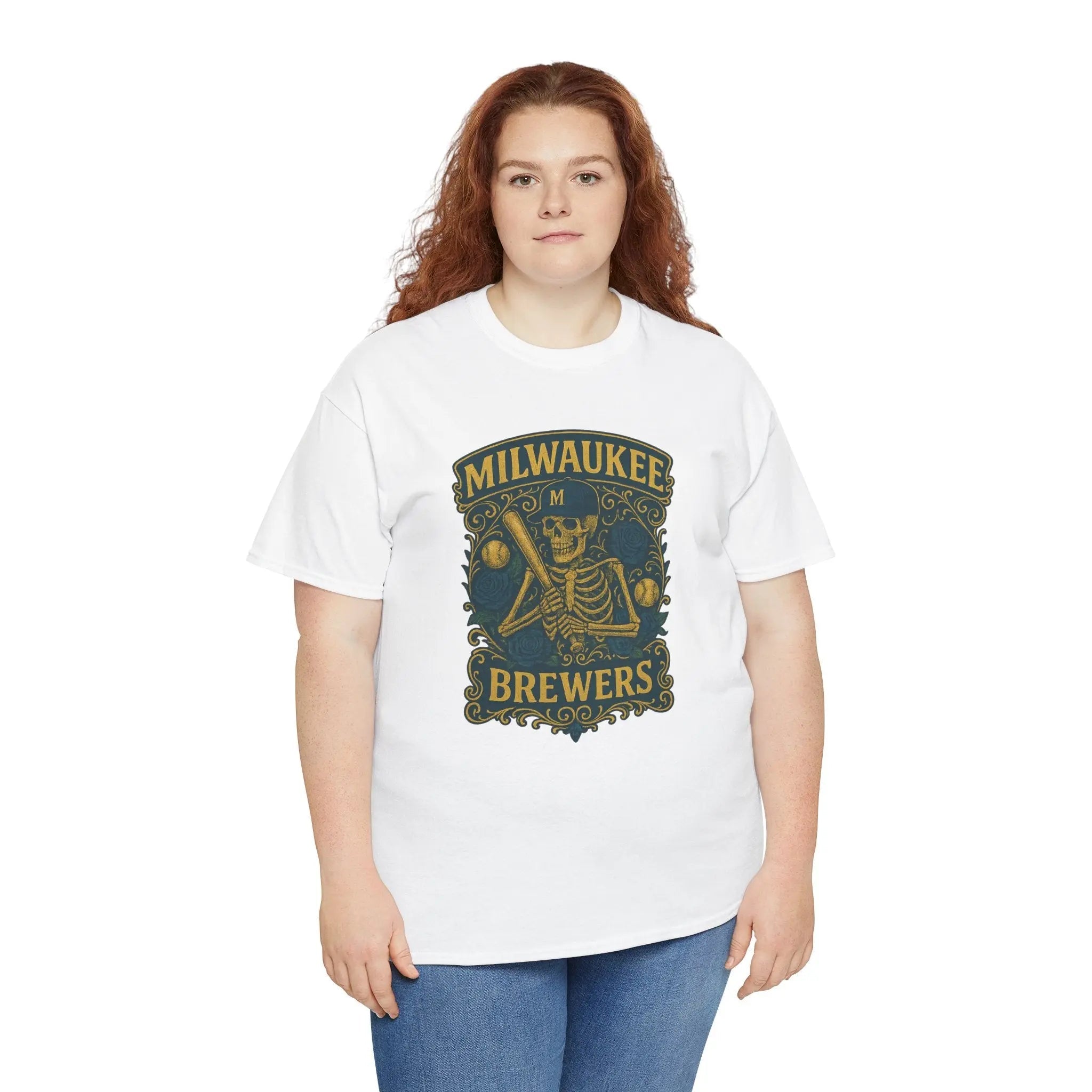White short-sleeve t-shirt with Brewers skeleton logo on chest, worn by woman