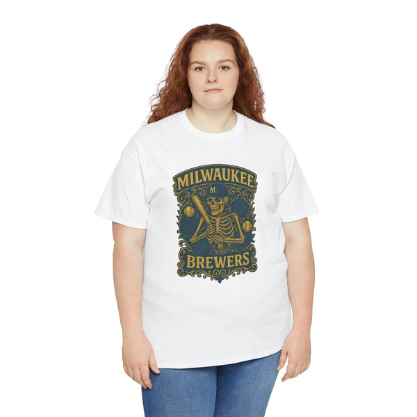 White short-sleeve t-shirt with Brewers skeleton logo on chest, worn by woman