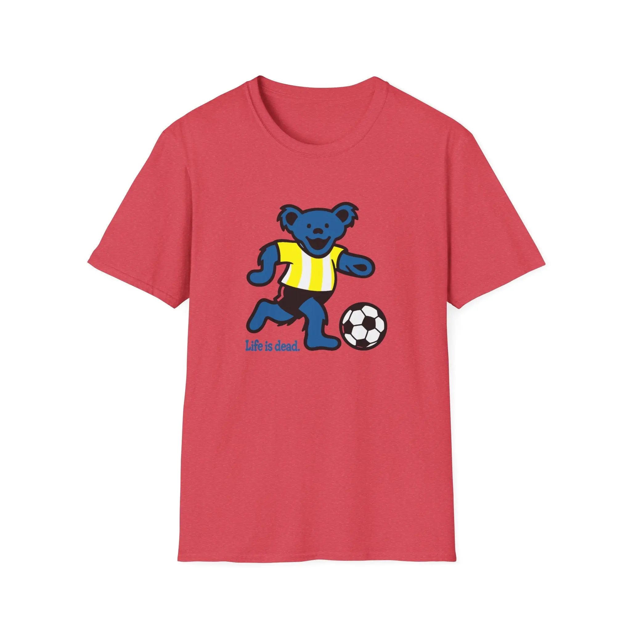 Red T-shirt with blue bear playing soccer and “Life is dead.” print