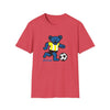 Red T-shirt with blue bear playing soccer and “Life is dead.” print