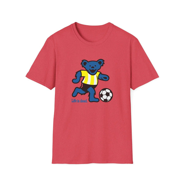 Red T-shirt with blue bear playing soccer and “Life is dead.” print