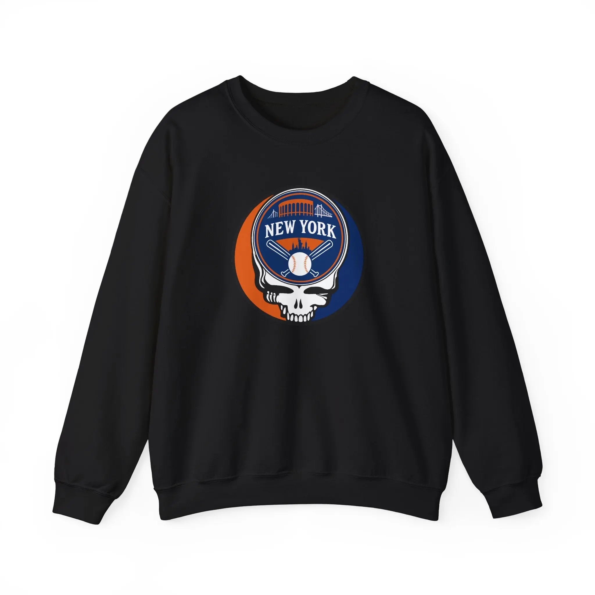 Black crewneck sweatshirt with circular New York graphic logo on chest.