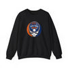 Black crewneck sweatshirt with circular New York graphic logo on chest.