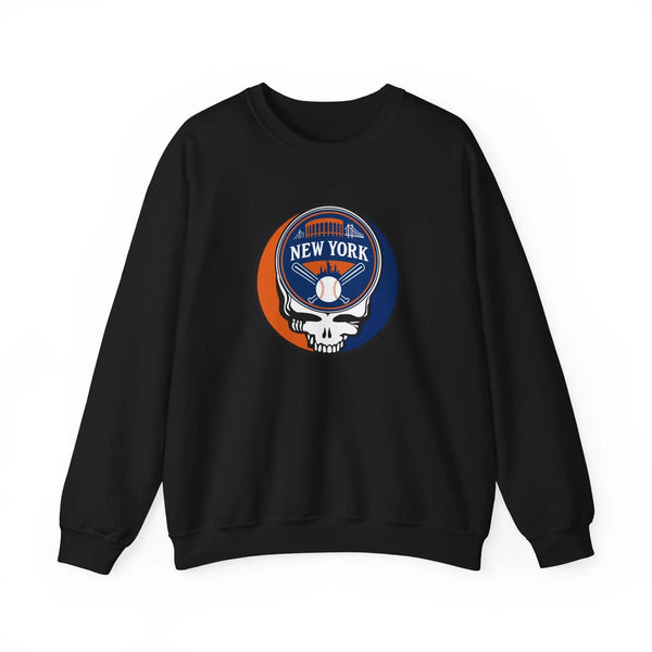 Black crewneck sweatshirt with circular New York graphic logo on chest.