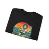 Black crewneck sweatshirt, folded close-up, sea and figure graphic