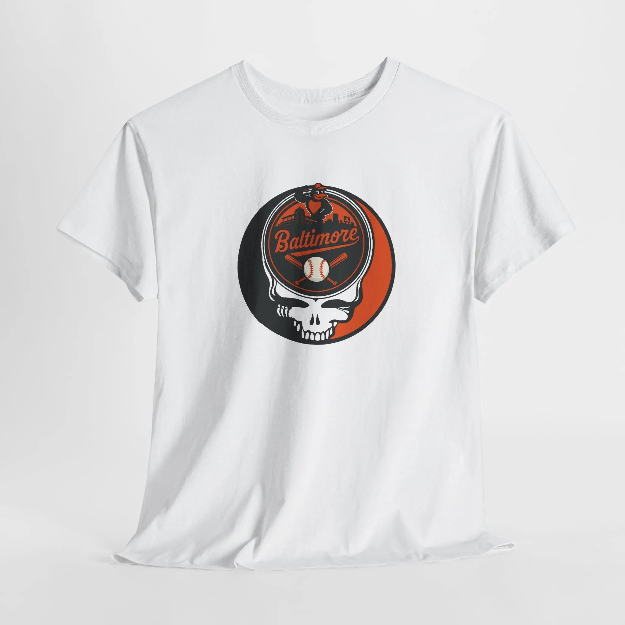 White crewneck graphic T-shirt featuring Baltimore logo skull with baseball