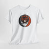 White crewneck graphic T-shirt featuring Baltimore logo skull with baseball