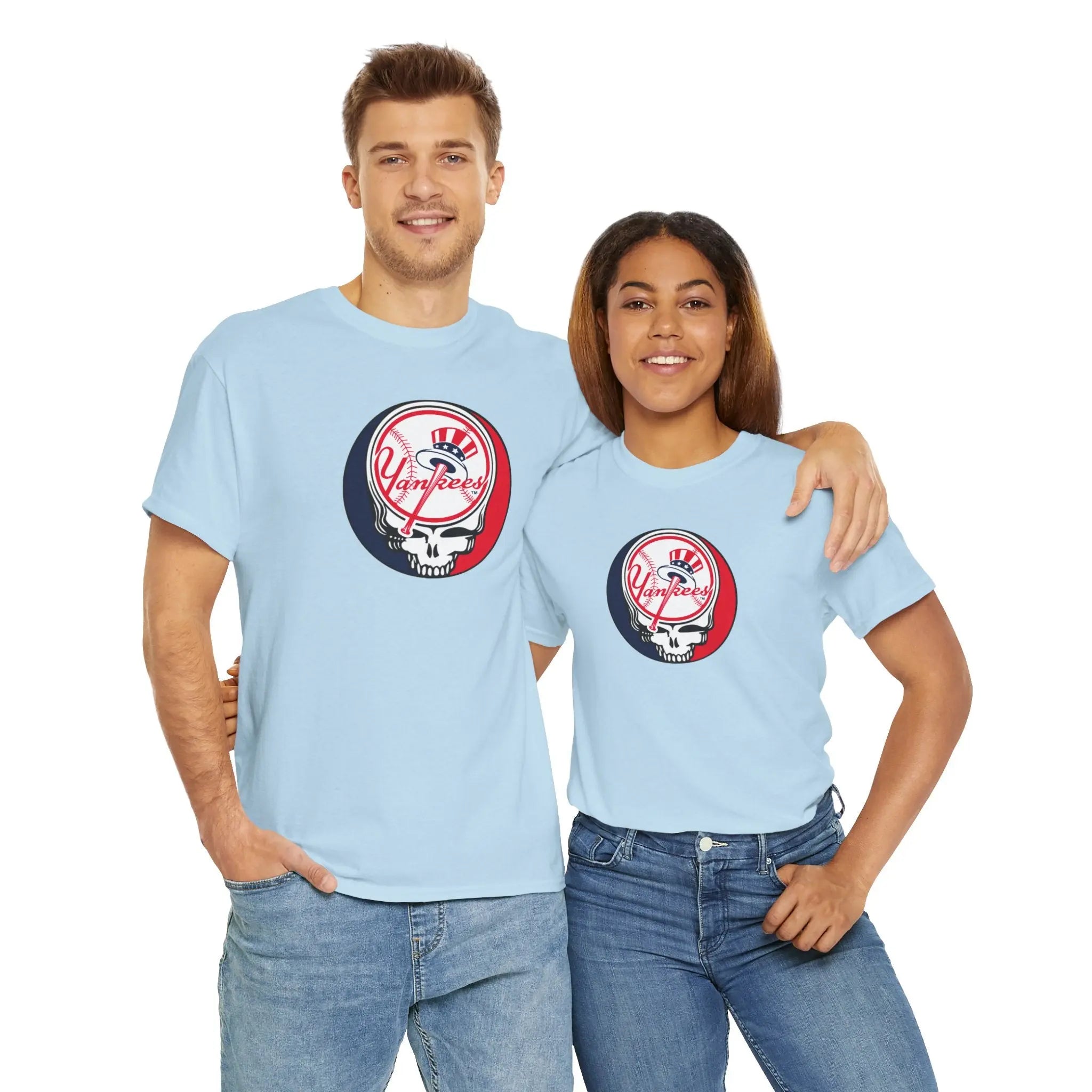 Light blue T-shirt with Yankees Stealie skull logo graphic on chest