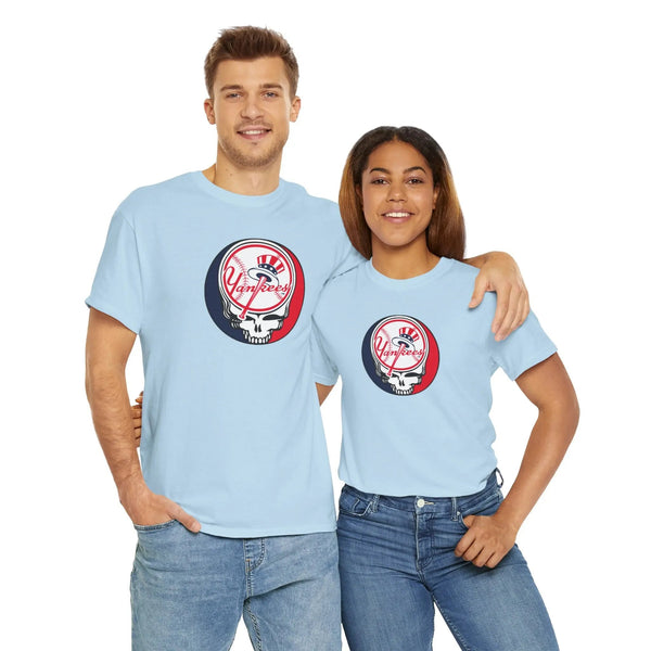 Light blue T-shirt with Yankees Stealie skull logo graphic on chest