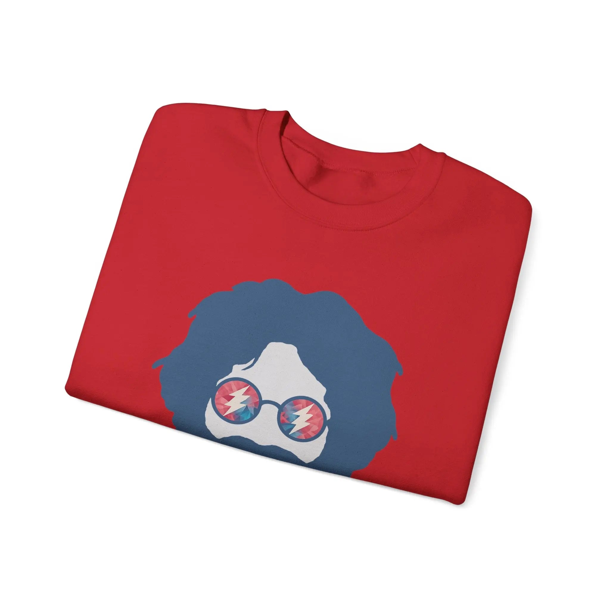 Red crewneck sweatshirt, folded view, with circular face graphic on front.