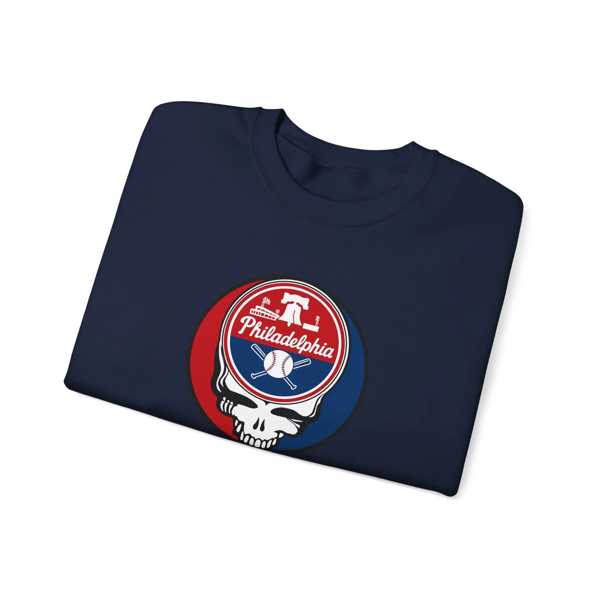 Dark navy crewneck sweatshirt with Philadelphia circular emblem logo on chest.