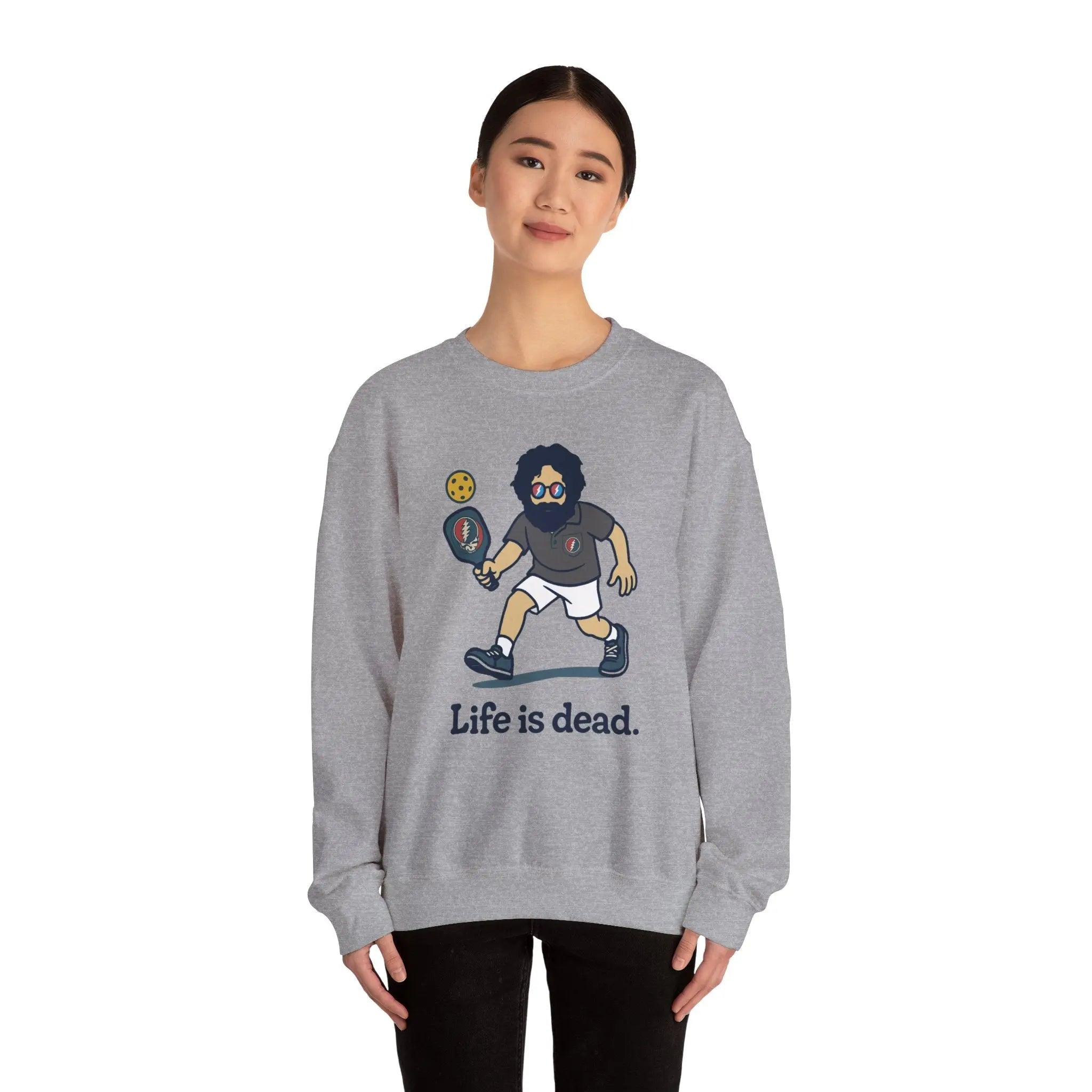 Heather gray crewneck sweatshirt on model with cartoon character graphic and 