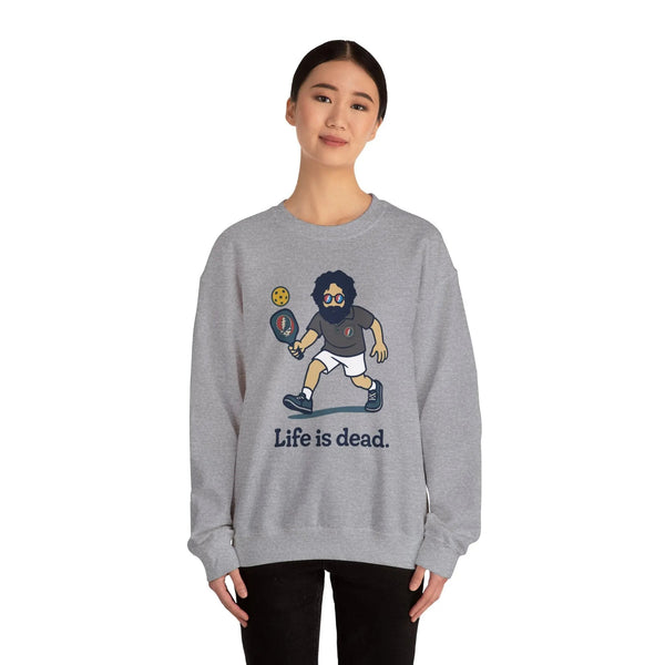 Heather gray crewneck sweatshirt on model with cartoon character graphic and "Life is dead"