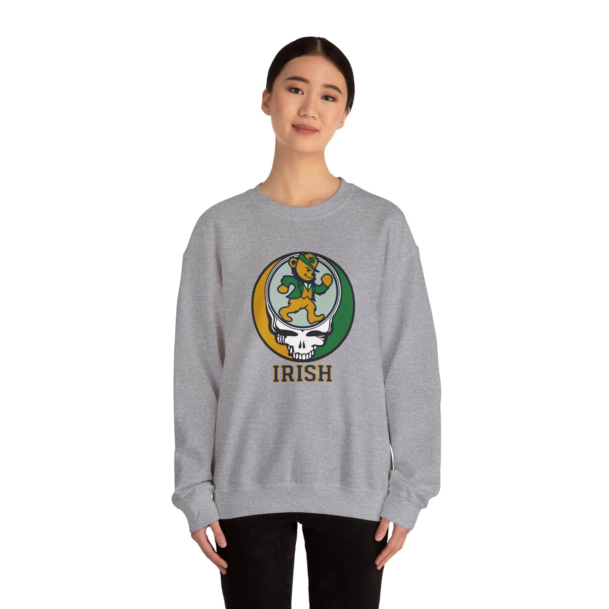 Sport gray crewneck sweatshirt with leprechaun Irish graphic front