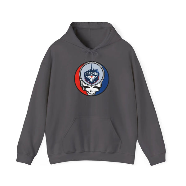 Dark gray Toronto Blue Jays pullover hoodie with hood, drawstring, and front logo