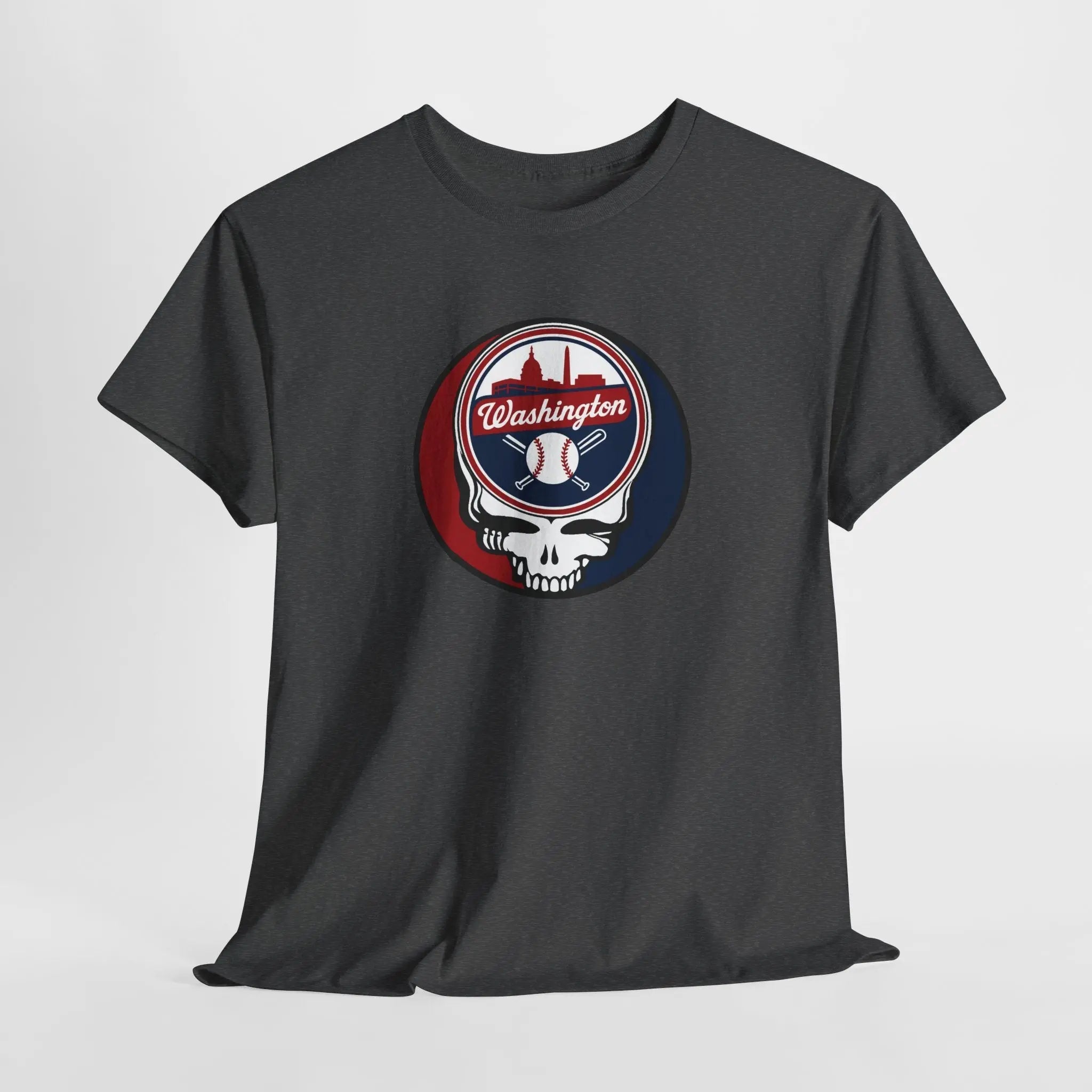 Dark gray crewneck T-shirt with circular Washington baseball skull logo graphic