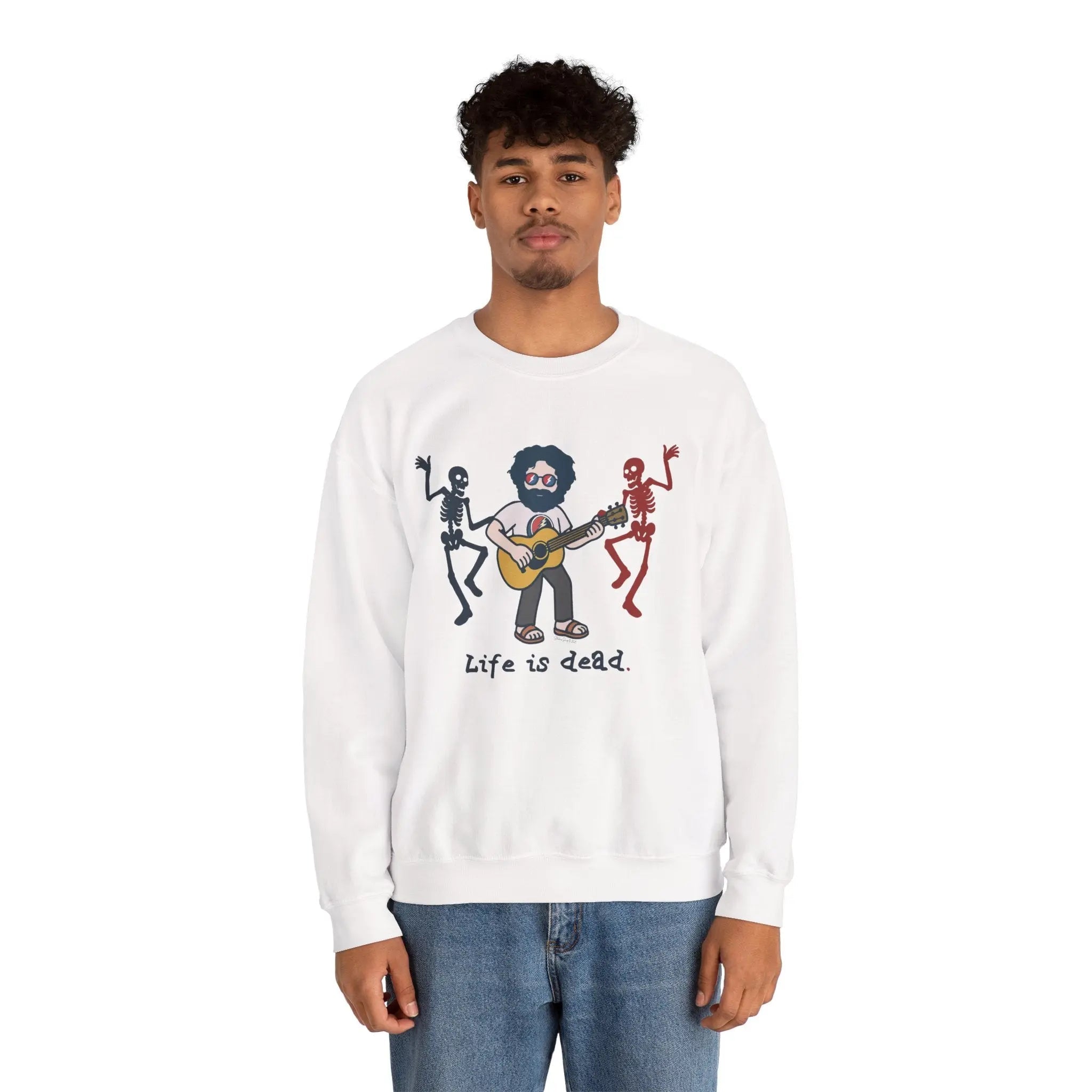 White crewneck sweatshirt with band graphic print on front