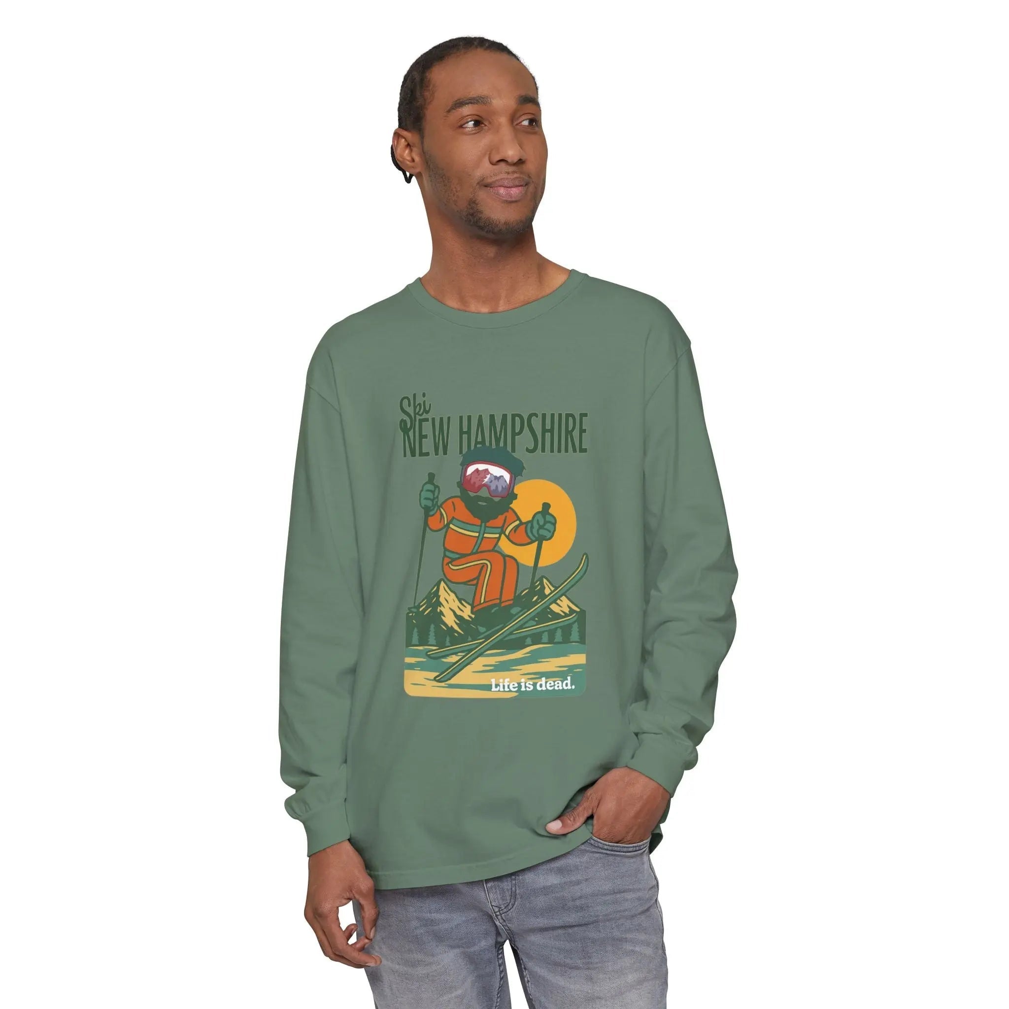 Green long-sleeve T-shirt with chest graphic print