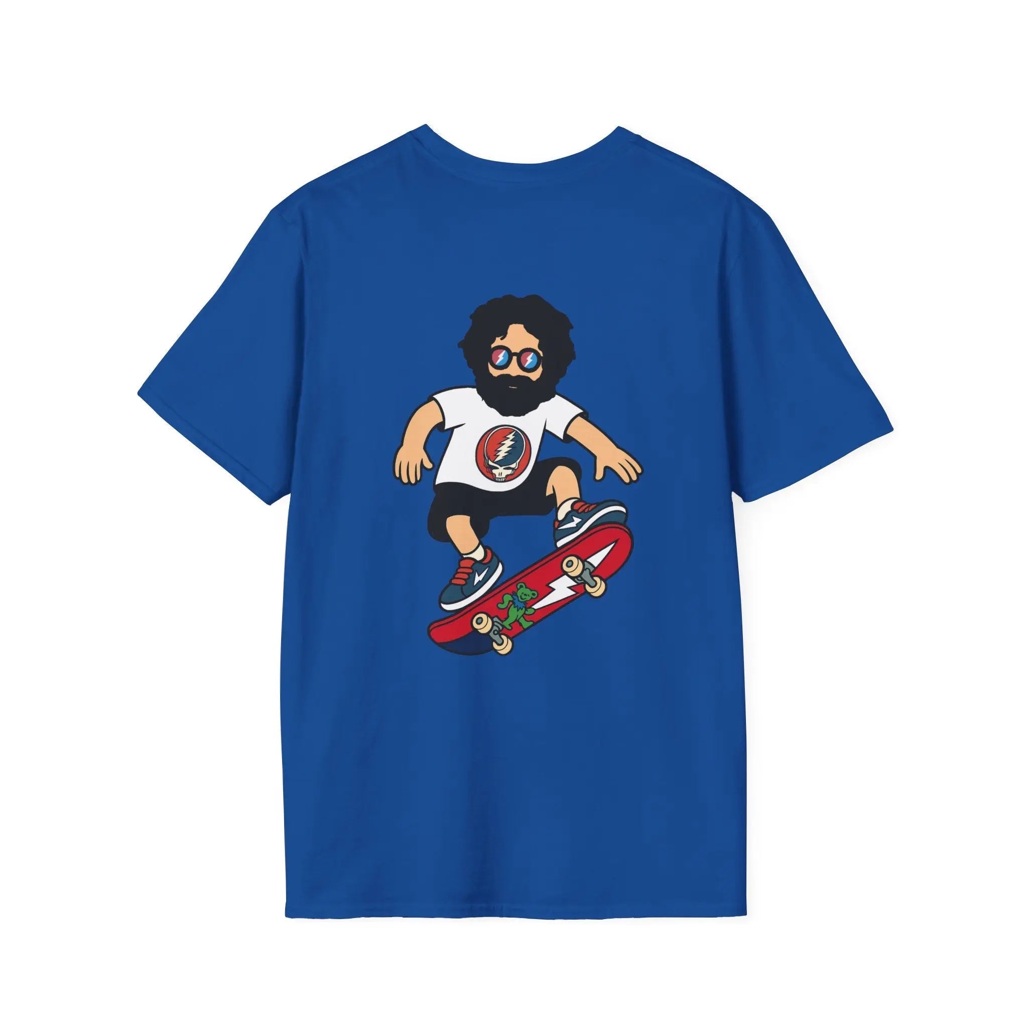 Blue crew-neck T-shirt with back character skateboarding graphic