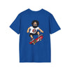 Blue crew-neck T-shirt with back character skateboarding graphic