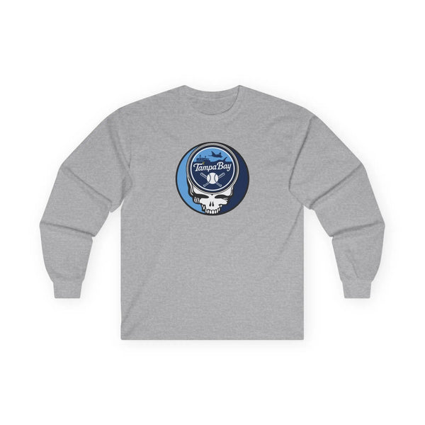 Long-sleeve T-shirt in heather gray with Tampa Bay logo patch graphic on back.