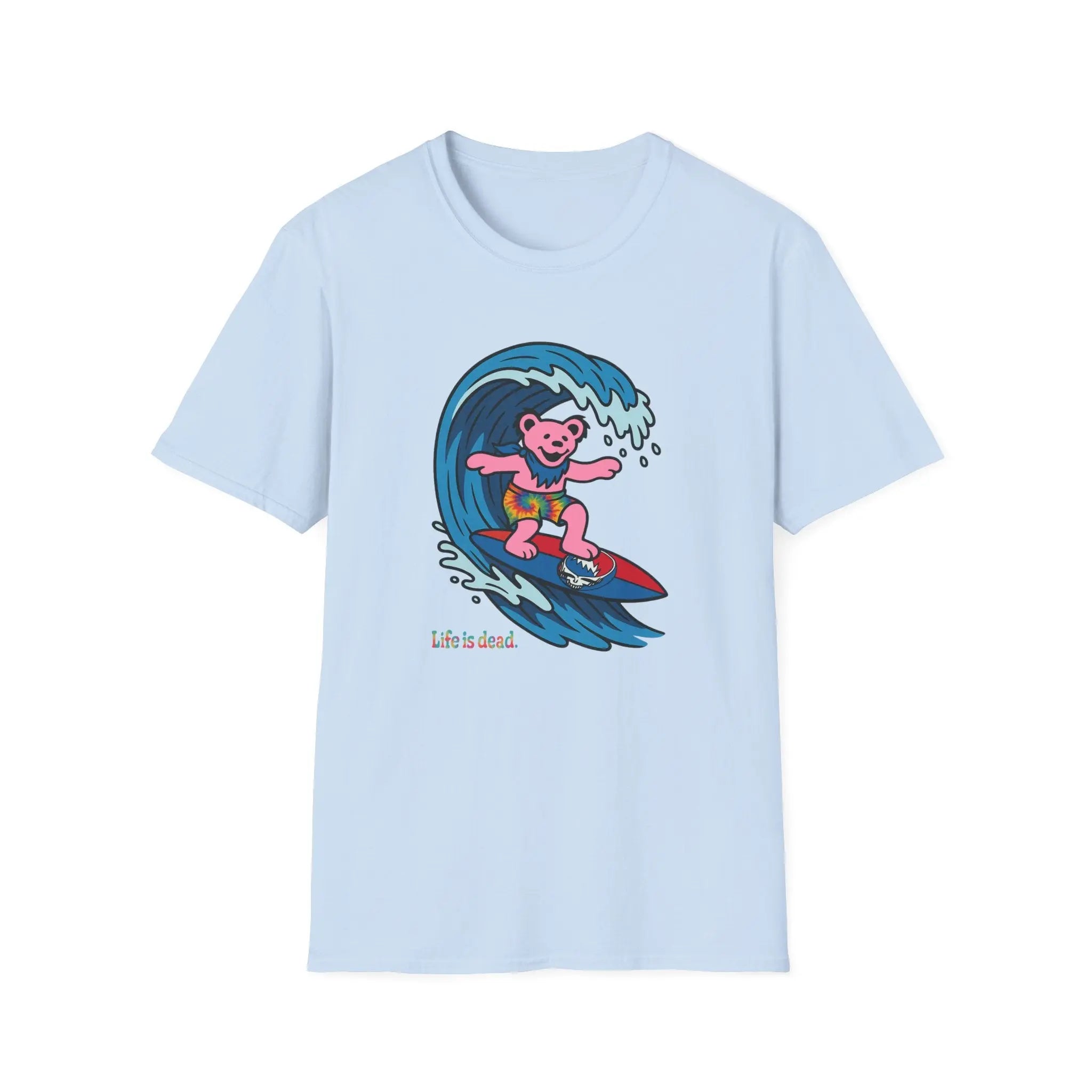 Light blue T-shirt with pink bear surfing wave graphic and “Life is dead” text