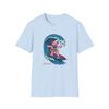 Light blue T-shirt with pink bear surfing wave graphic and “Life is dead” text