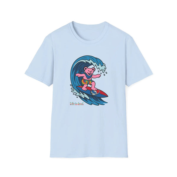 Light blue T-shirt with pink bear surfing wave graphic and “Life is dead” text
