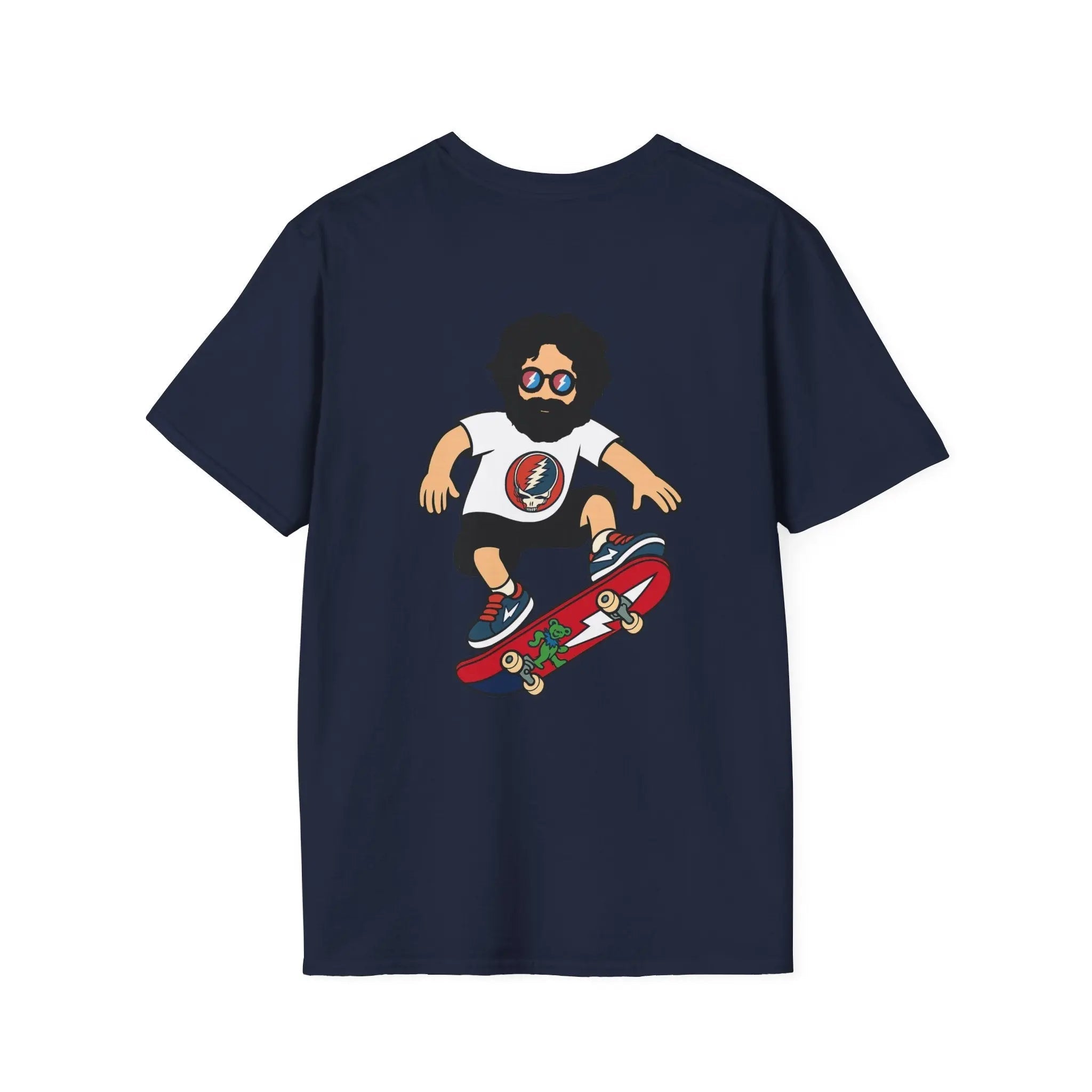 Navy crewneck t-shirt with cartoon skater graphic and red skateboard print