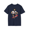 Navy crewneck t-shirt with cartoon skater graphic and red skateboard print