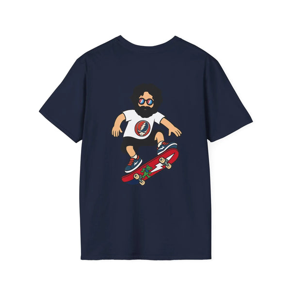 Navy crewneck t-shirt with cartoon skater graphic and red skateboard print