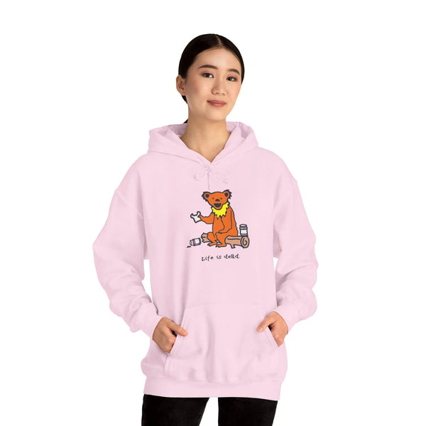 Pink bear graphic pullover hoodie with front pocket and drawstring hood