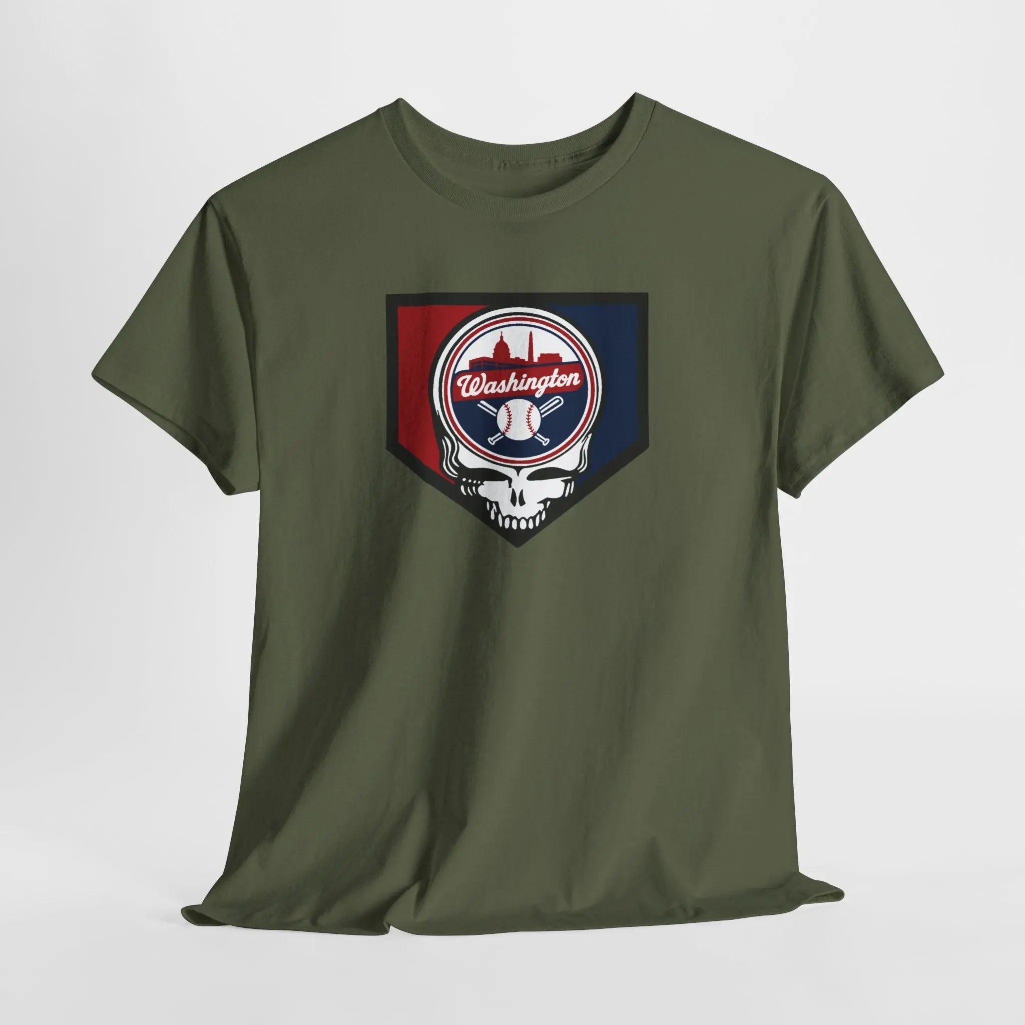 Military green short-sleeve T-shirt with Washington Nationals logo graphic on chest