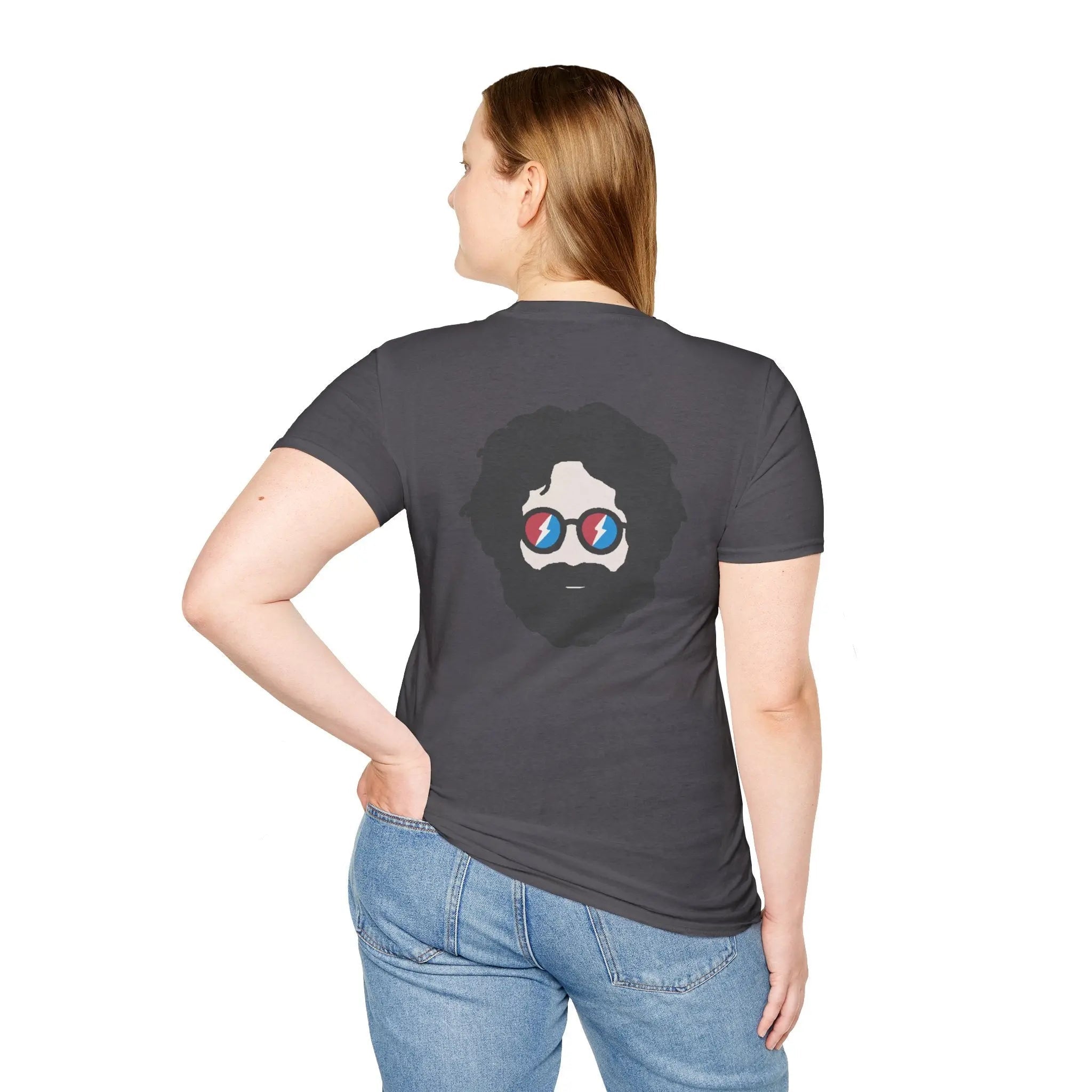Charcoal two-sided graphic T-shirt with centered back portrait and blue glasses print