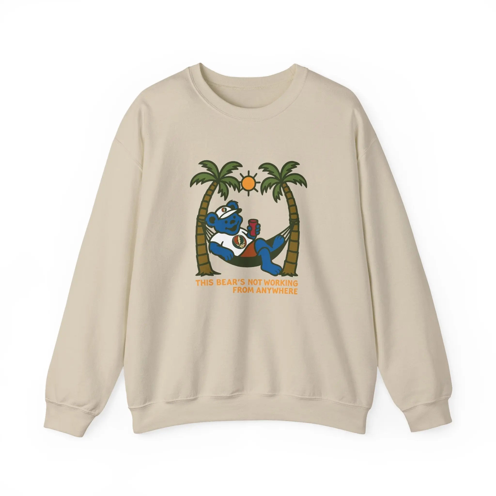Sand crewneck sweatshirt with front bear among palm trees graphic
