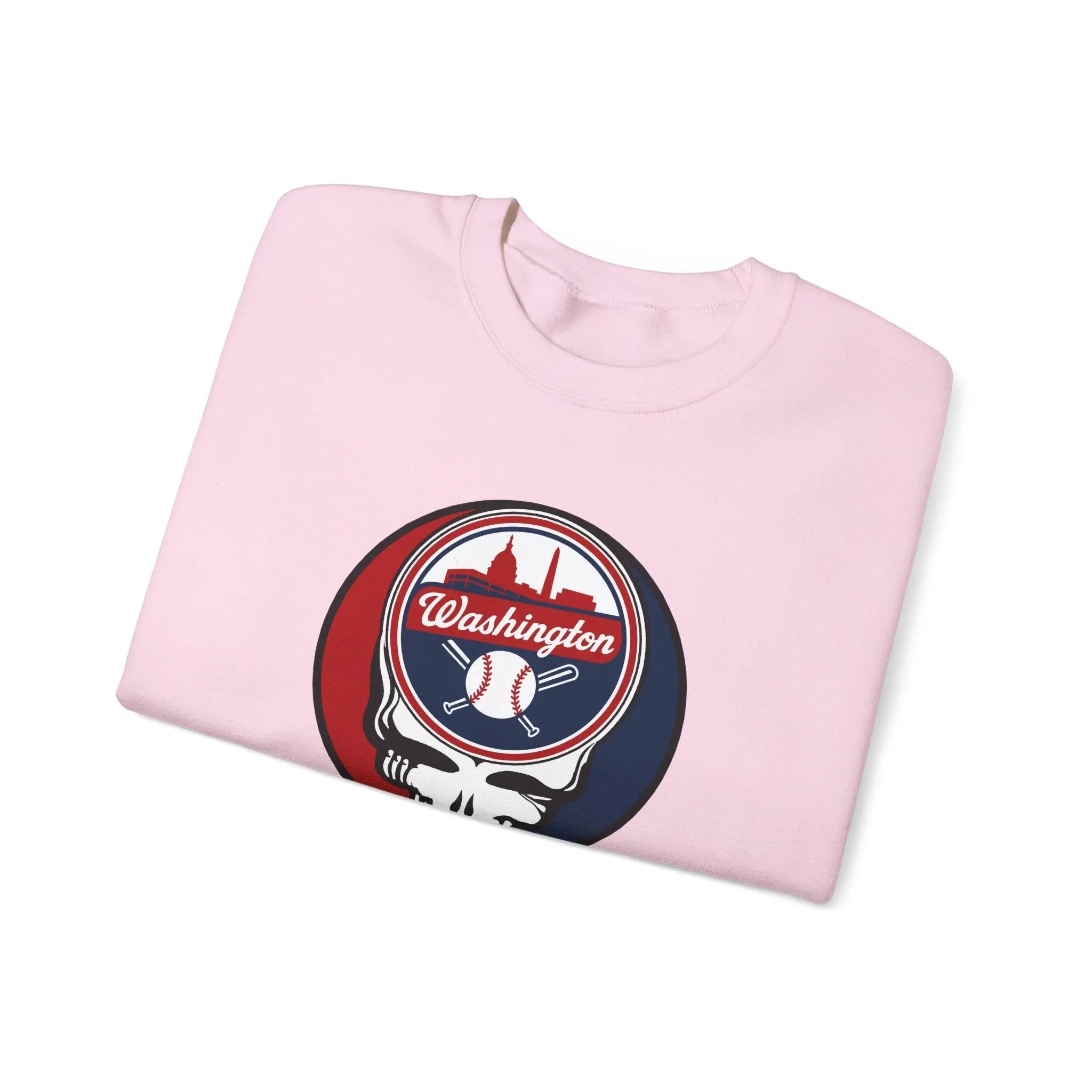 Light pink crewneck sweatshirt with Washington logo graphic, front view