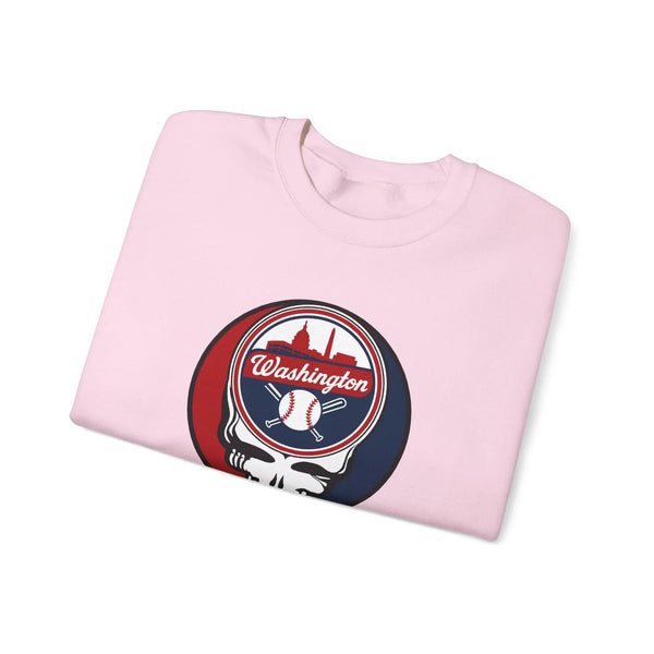 Light pink crewneck sweatshirt with Washington logo graphic, front view