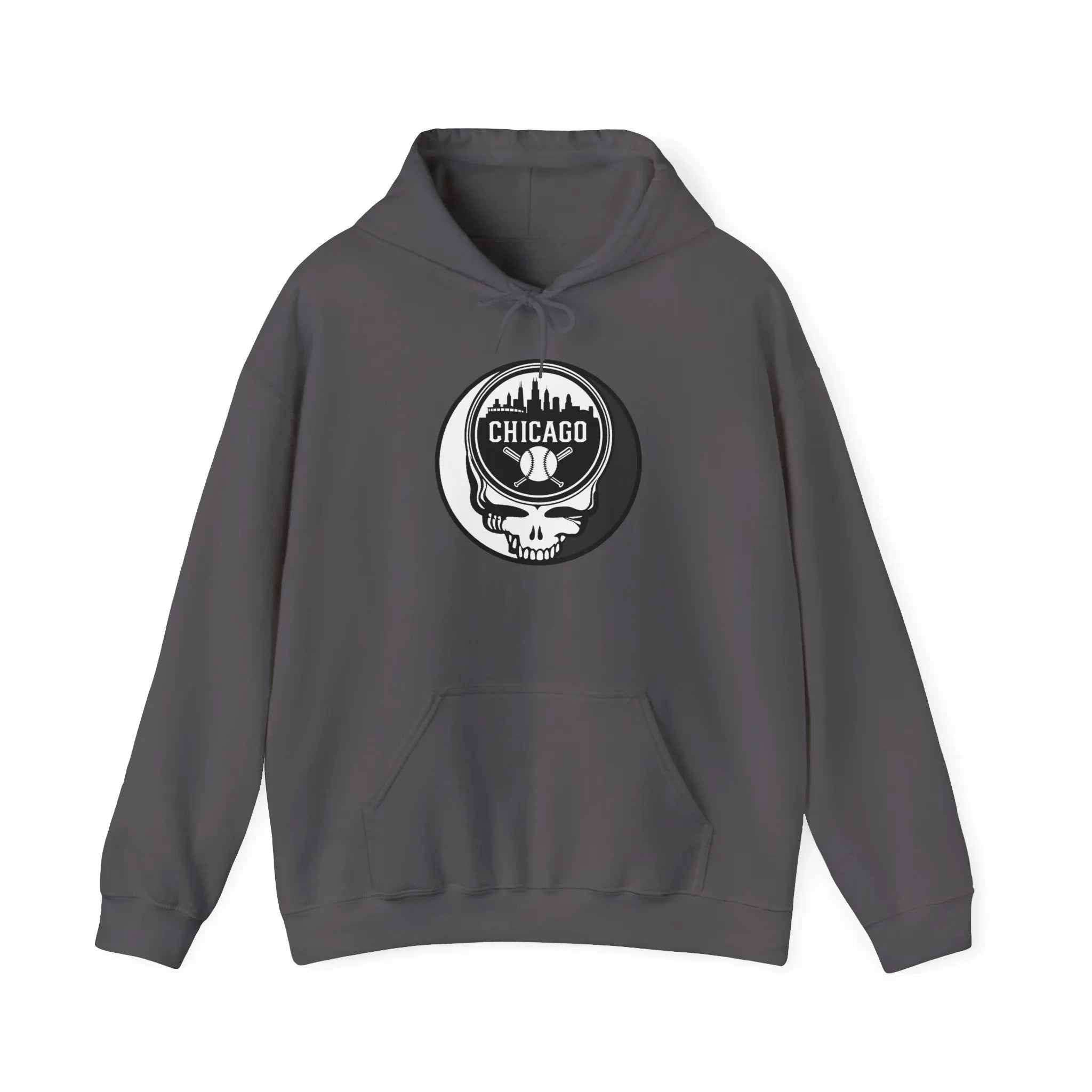 Dark gray hoodie with hood drawstrings and round Chicago emblem logo on chest