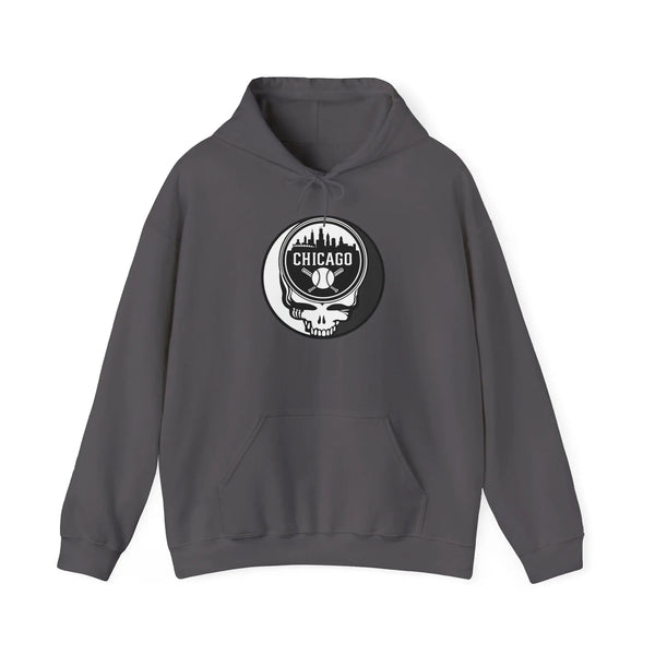 Dark gray hoodie with hood drawstrings and round Chicago emblem logo on chest