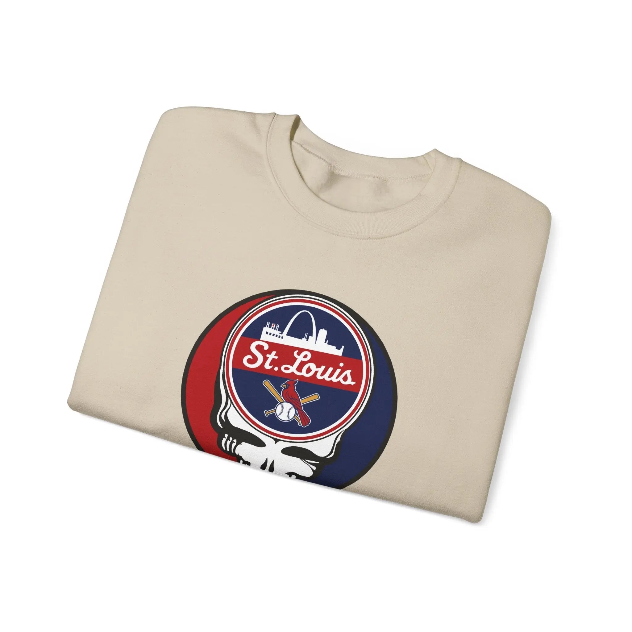 Sand crewneck sweatshirt featuring St. Louis logo skull graphic on chest