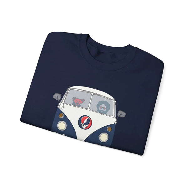 Navy crewneck sweatshirt with front bus graphic print