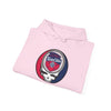 Light pink pullover hoodie folded with Twin Cities logo patch at center
