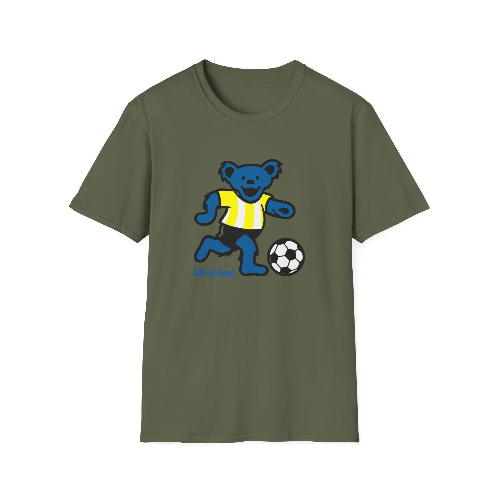 Military green T-shirt with blue bear playing soccer and “Life is dead.” print