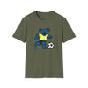 Military green T-shirt with blue bear playing soccer and “Life is dead.” print