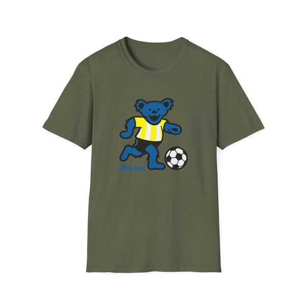 Military green T-shirt with blue bear playing soccer and “Life is dead.” print