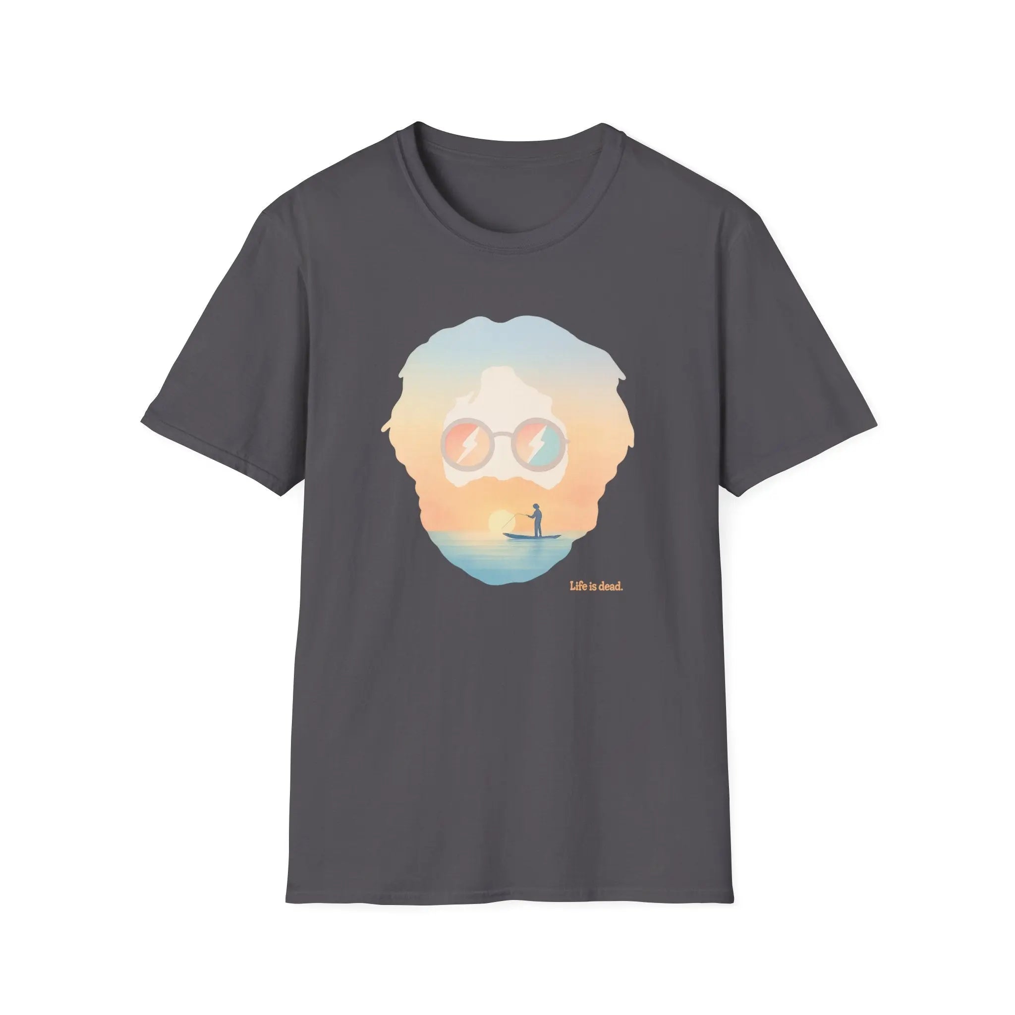 Dark gray crew-neck graphic T-shirt with portrait sunglasses and sunset beach scene print