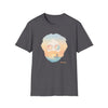 Dark gray crew-neck graphic T-shirt with portrait sunglasses and sunset beach scene print