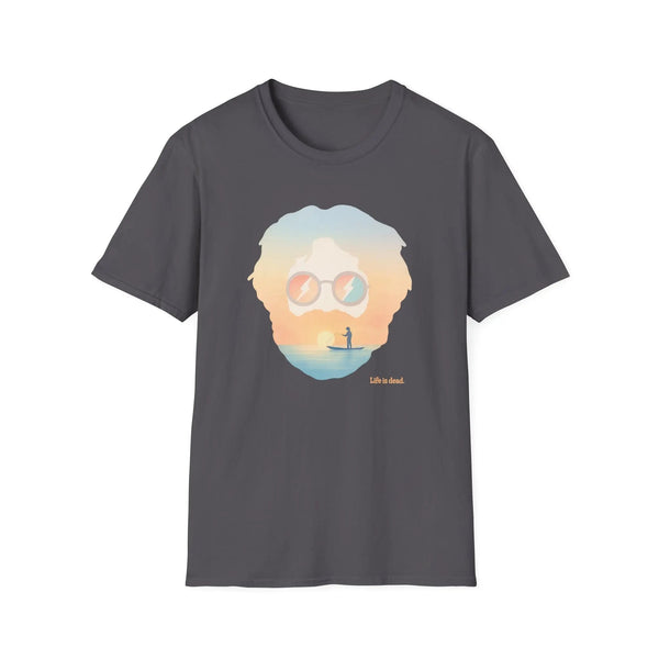 Dark gray crew-neck graphic T-shirt with portrait sunglasses and sunset beach scene print