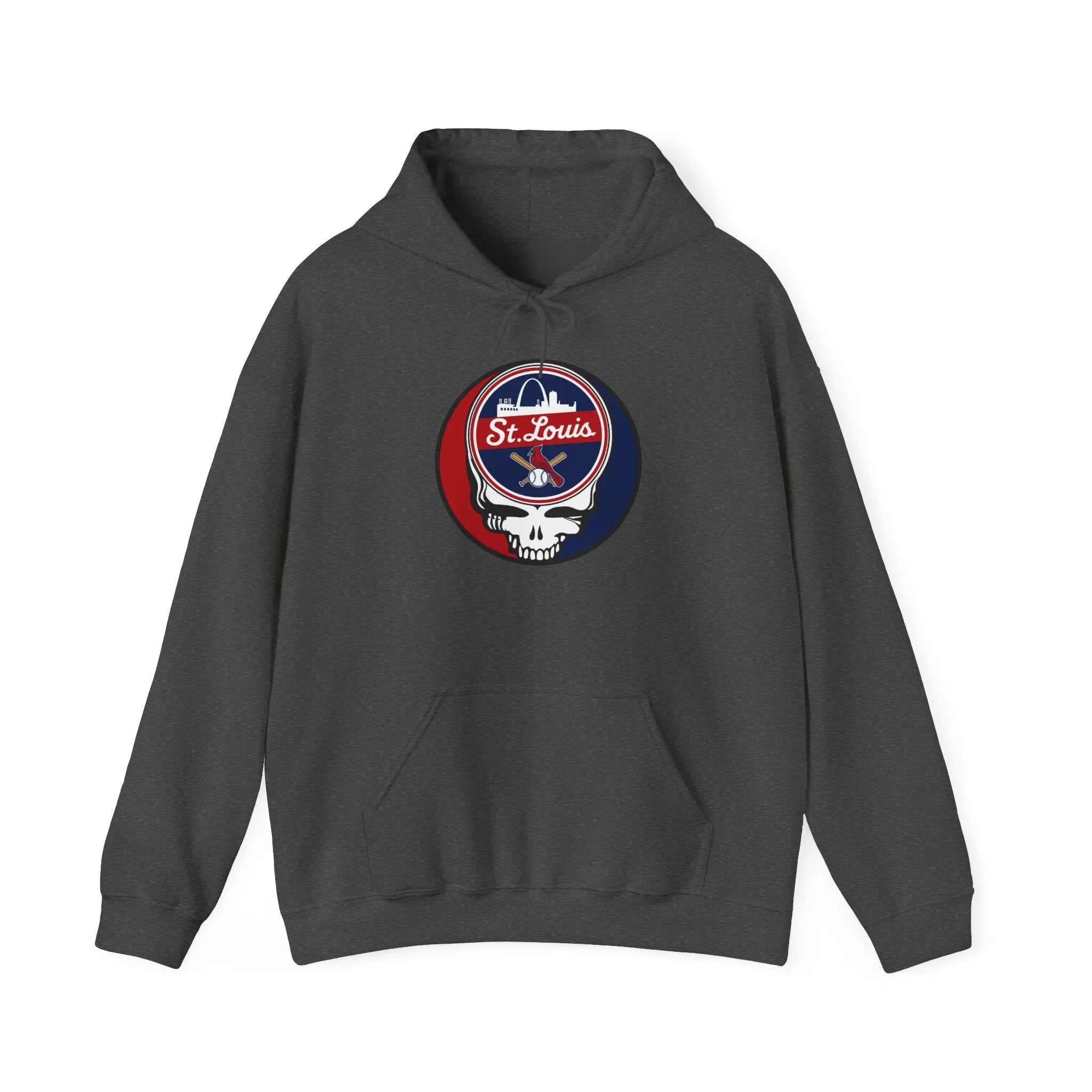 Dark gray hoodie with hood and front pocket, featuring a circular sports team logo on chest